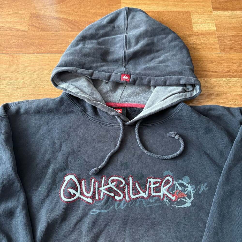 Quiksilver Embroidered Spell Out Logo Hoodie Charcoal Gray L